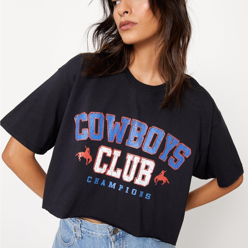 Nasty Gal Cowboys Club Graphic Oversized Cropped T-shirt, size small